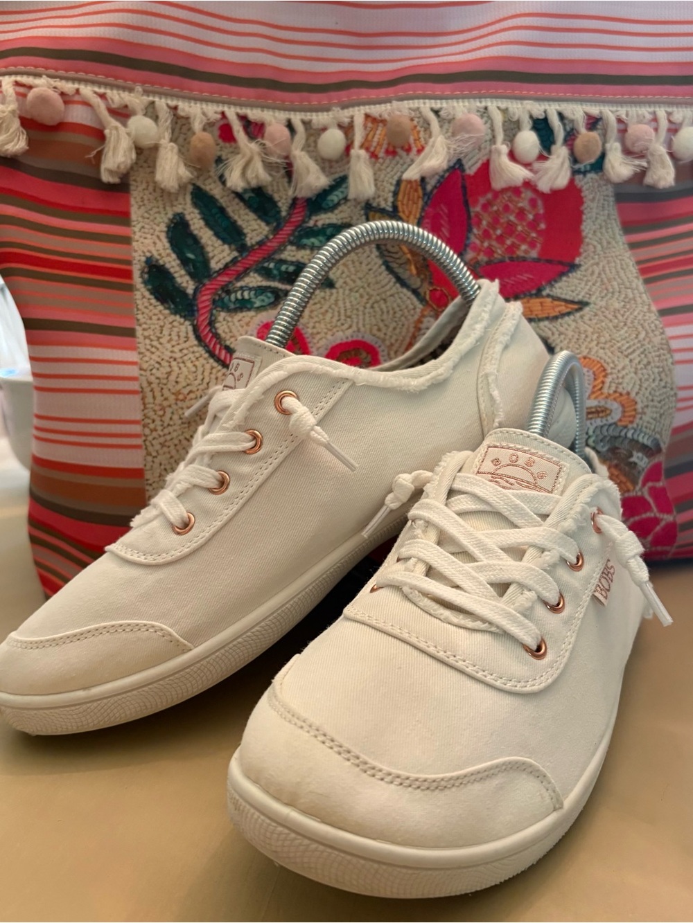 Skechers BOBS White Canvas Lace-Up Sneakers with Rose Gold Eyelets - Picture 4 of 11